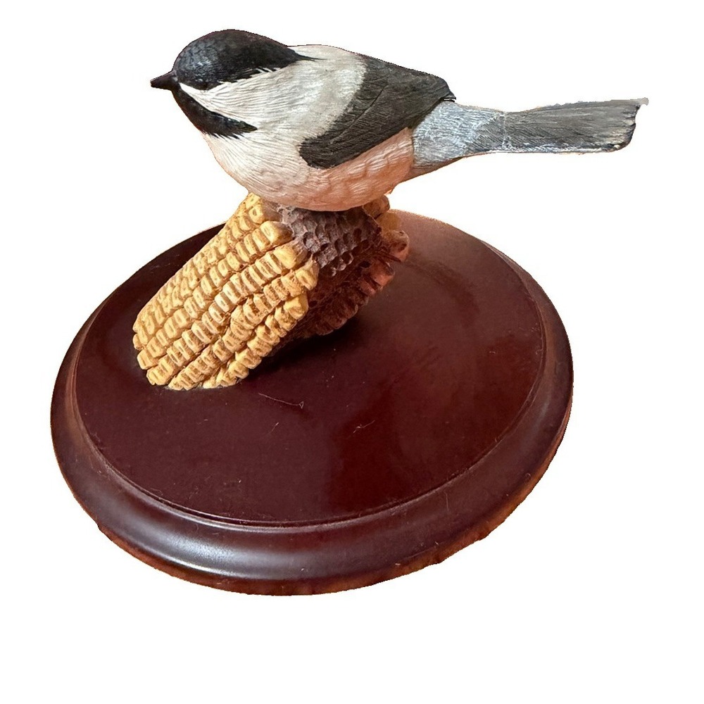 Vintage Black-Capped Chickadee Figurine on Corn Cob - Round Wood Base 6.5"